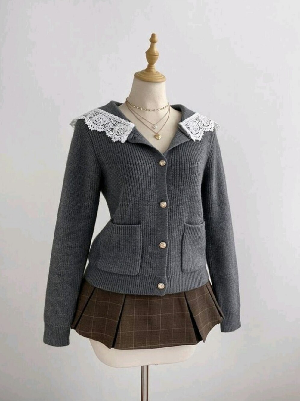 Women's Sailor Collar Contrast Lace Single-Breasted Cardigan